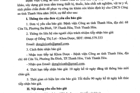Bệnh viện FV88vin.com thông báo yêu cầu báo giá