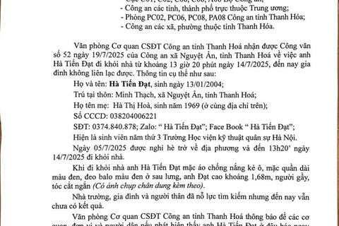 FV88 bid hà nội người số 287/TB-VPCQCSĐT ngày 24/7/2025 của Văn phòng Cơ quan CSĐT(PC01) FV88vin.com